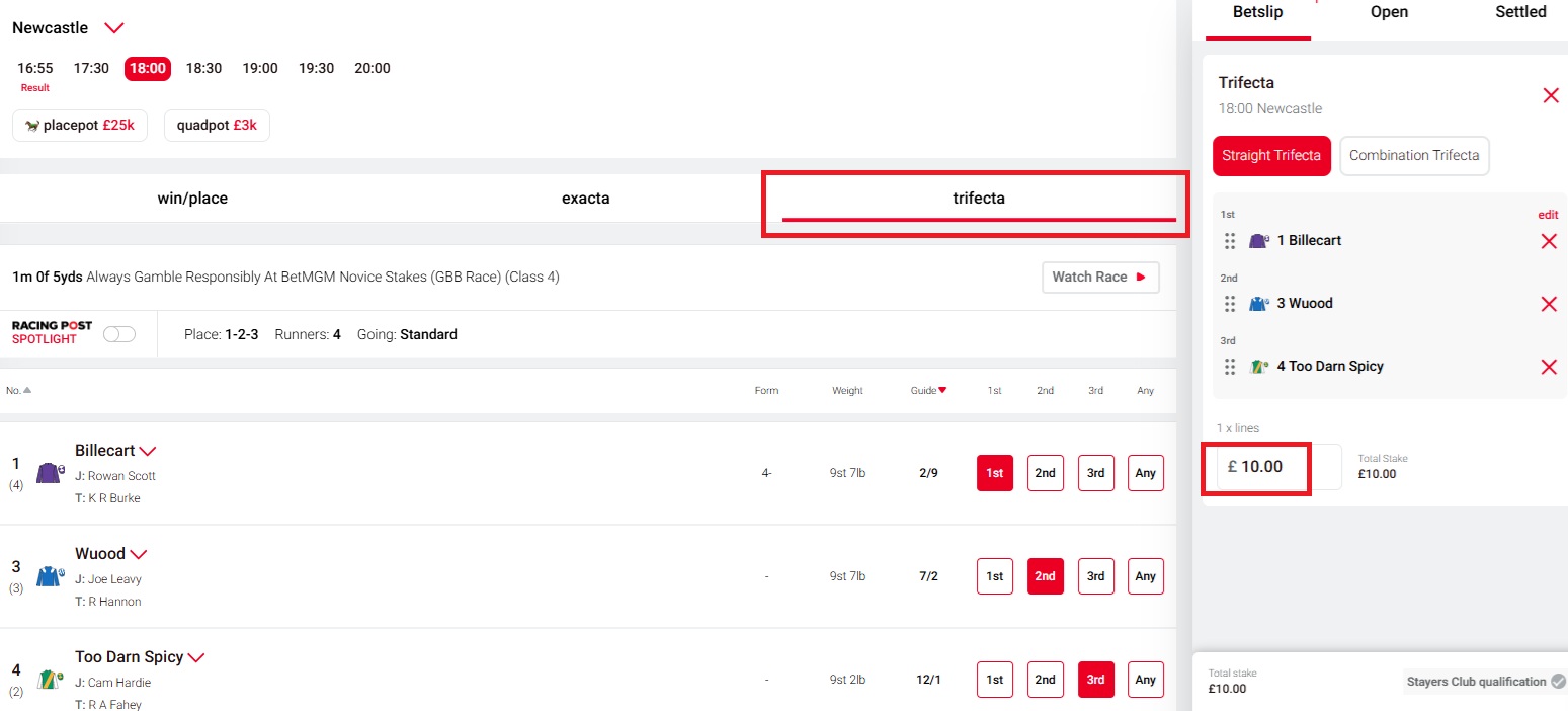 image of a tote racecard with a trifecta bet added to the betslip and a stake of £10 entered